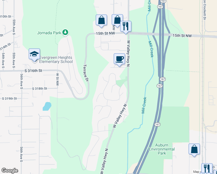 map of restaurants, bars, coffee shops, grocery stores, and more near 1029 R Street Northwest in Auburn