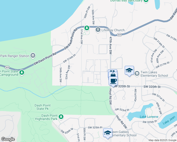 map of restaurants, bars, coffee shops, grocery stores, and more near 31736 50th Lane Southwest in Federal Way