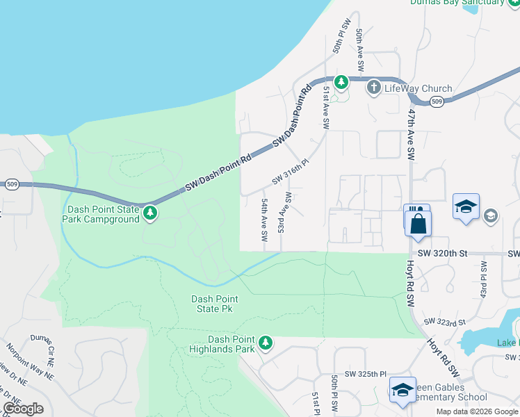 map of restaurants, bars, coffee shops, grocery stores, and more near 31616 54th Avenue Southwest in Federal Way