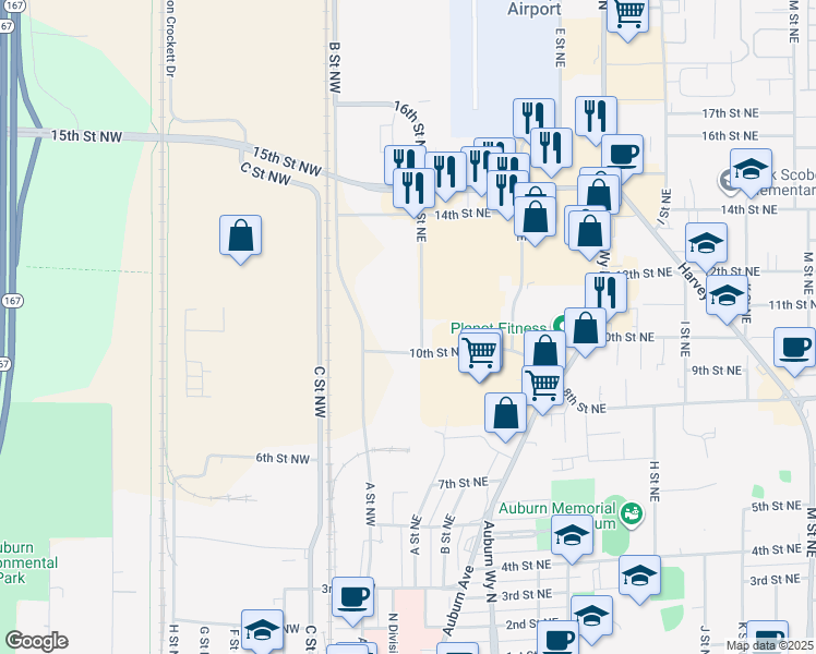 map of restaurants, bars, coffee shops, grocery stores, and more near 1107 A Street Northeast in Auburn
