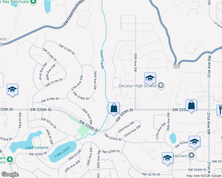 map of restaurants, bars, coffee shops, grocery stores, and more near 31825 32nd Place Southwest in Federal Way