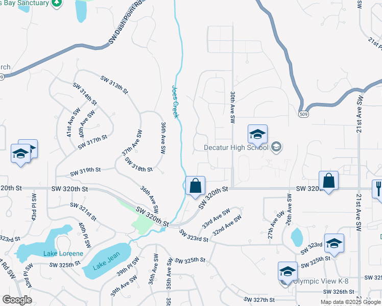 map of restaurants, bars, coffee shops, grocery stores, and more near 31825 32nd Place Southwest in Federal Way