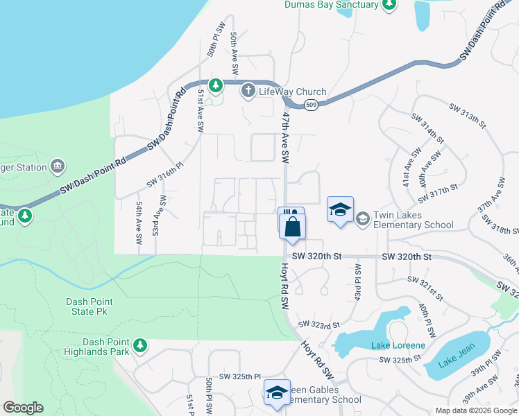 map of restaurants, bars, coffee shops, grocery stores, and more near 31340 48th Lane Southwest in Federal Way