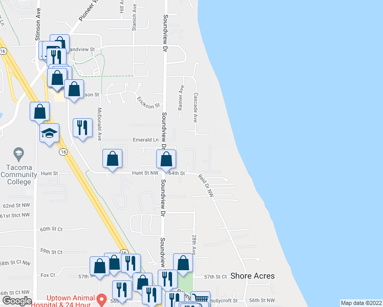 map of restaurants, bars, coffee shops, grocery stores, and more near 2810 65th Street Court Northwest in Gig Harbor