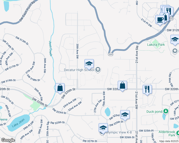 map of restaurants, bars, coffee shops, grocery stores, and more near 2800 Southwest 320th Street in Federal Way