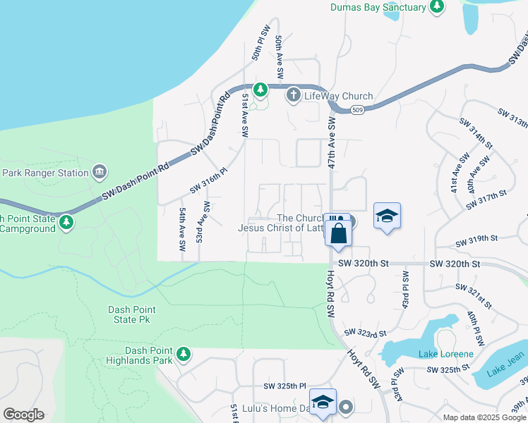 map of restaurants, bars, coffee shops, grocery stores, and more near 31736 50th Lane Southwest in Federal Way