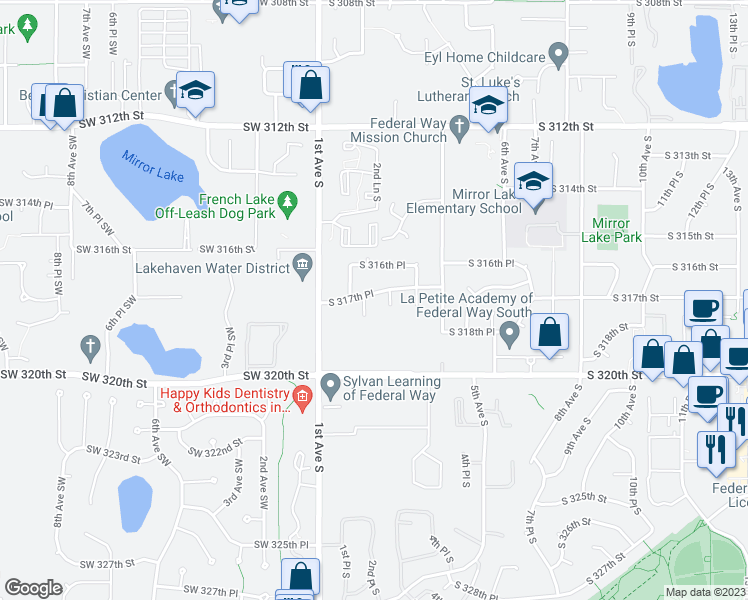 map of restaurants, bars, coffee shops, grocery stores, and more near 207 South 317th Place in Federal Way