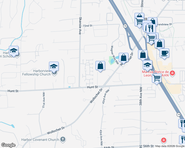 map of restaurants, bars, coffee shops, grocery stores, and more near 4505 Hunt Street in Gig Harbor