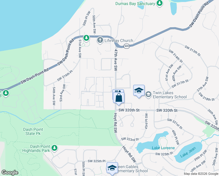 map of restaurants, bars, coffee shops, grocery stores, and more near 31727 47th Lane Southwest in Auburn