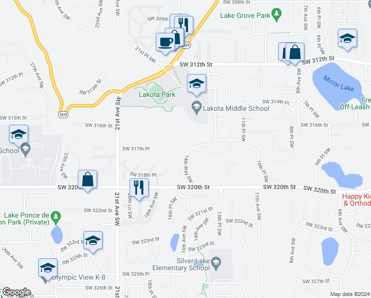 map of restaurants, bars, coffee shops, grocery stores, and more near 31807 14th Way Southwest in Federal Way