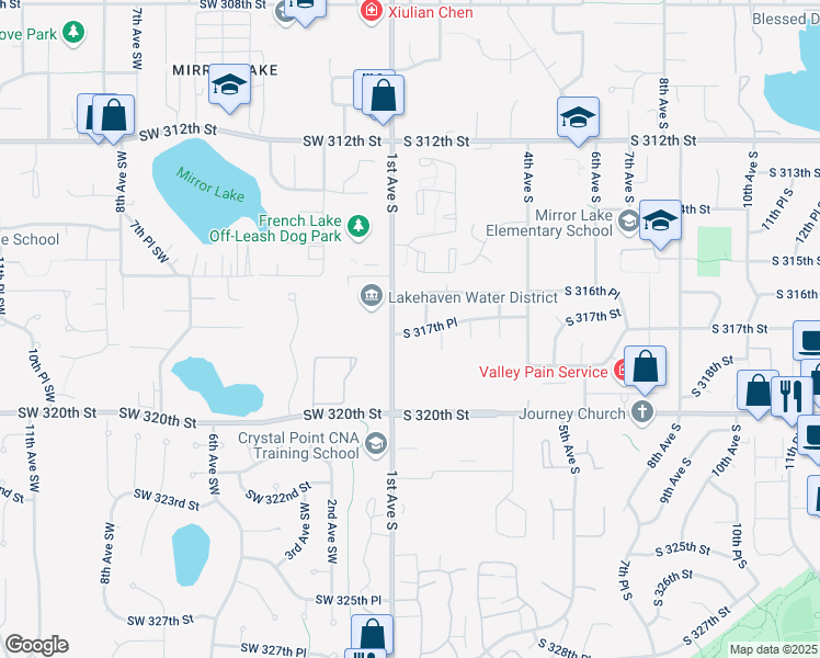 map of restaurants, bars, coffee shops, grocery stores, and more near 110 South 317th Place in Federal Way