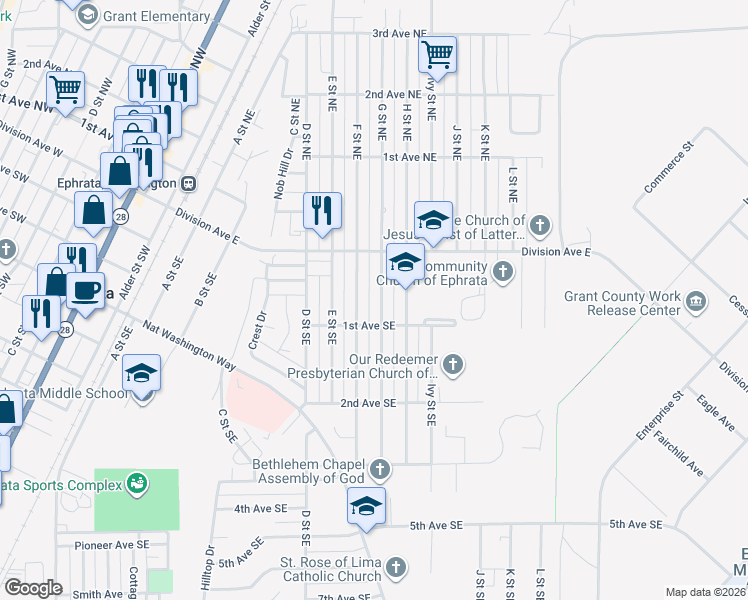 map of restaurants, bars, coffee shops, grocery stores, and more near 38 G Street Southeast in Ephrata