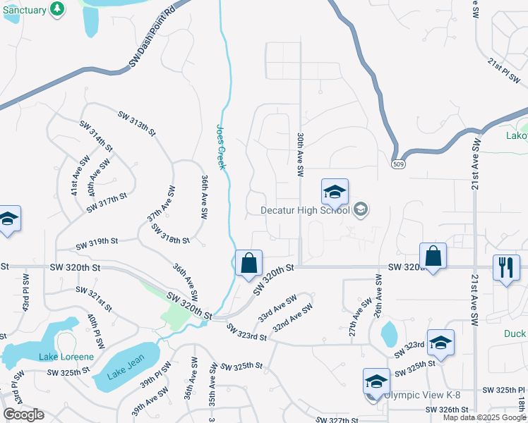 map of restaurants, bars, coffee shops, grocery stores, and more near 31825 32nd Place Southwest in Federal Way