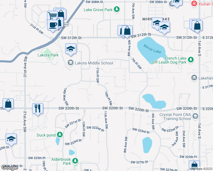 map of restaurants, bars, coffee shops, grocery stores, and more near 1023 Southwest 317th Court in Federal Way