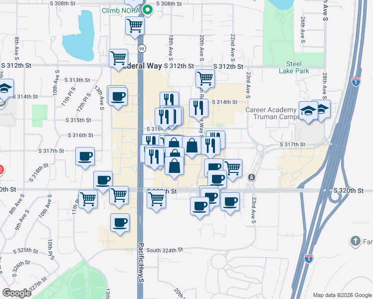 map of restaurants, bars, coffee shops, grocery stores, and more near 1816 South 320th Street in Federal Way