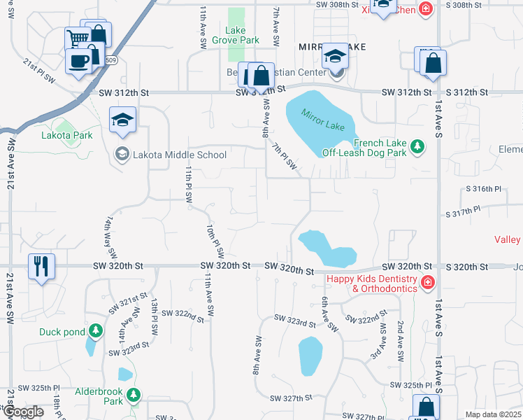 map of restaurants, bars, coffee shops, grocery stores, and more near 816 Southwest 317th Place in Federal Way