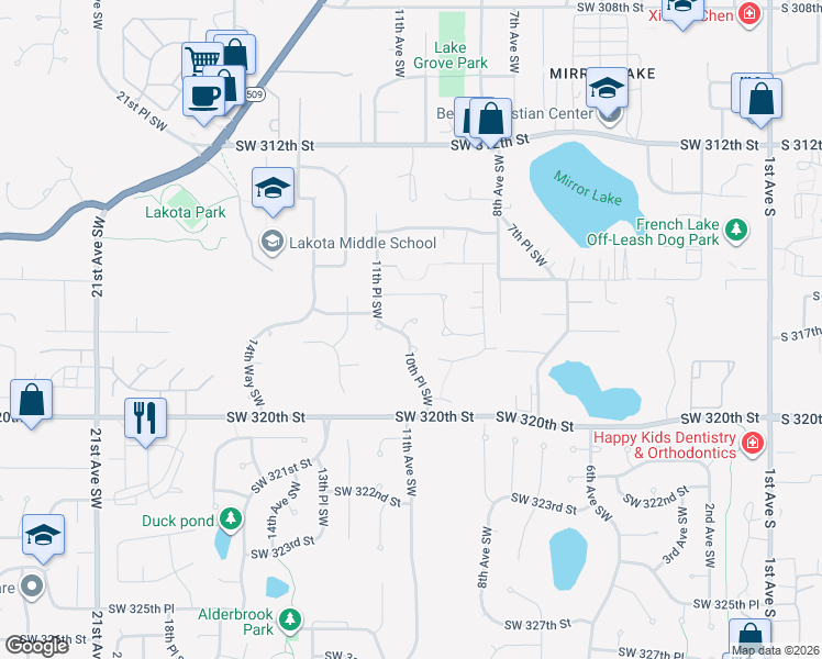 map of restaurants, bars, coffee shops, grocery stores, and more near 1023 Southwest 317th Court in Federal Way