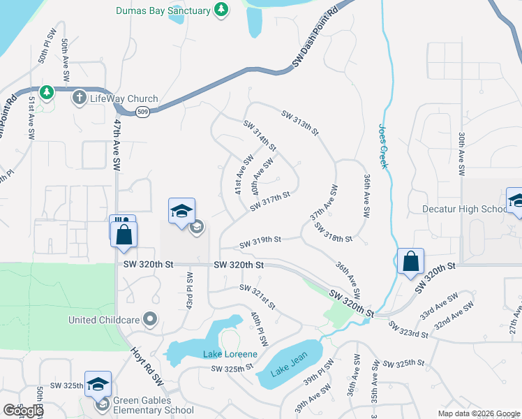 map of restaurants, bars, coffee shops, grocery stores, and more near 3941 Southwest 317th Street in Federal Way