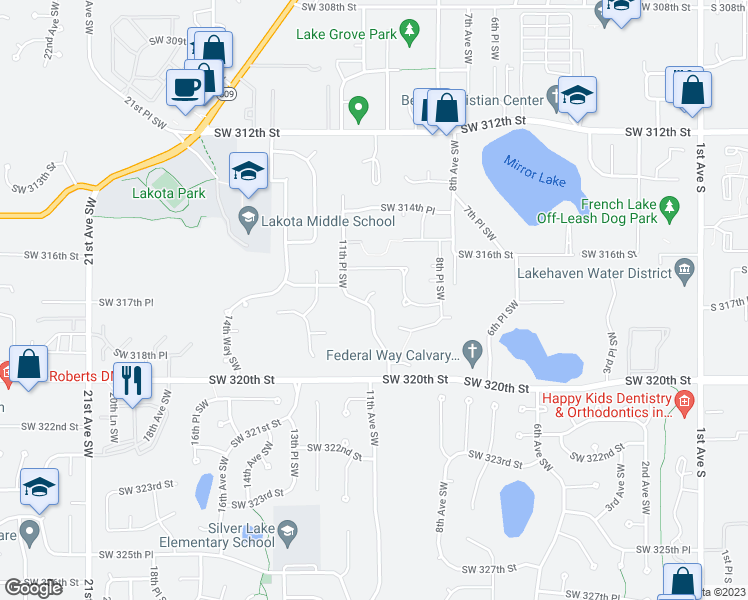 map of restaurants, bars, coffee shops, grocery stores, and more near 1023 Southwest 317th Court in Federal Way