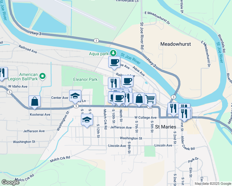 map of restaurants, bars, coffee shops, grocery stores, and more near 934 Center Avenue in Saint Maries
