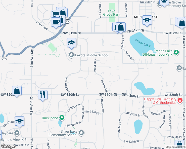map of restaurants, bars, coffee shops, grocery stores, and more near 31707 11th Place Southwest in Federal Way