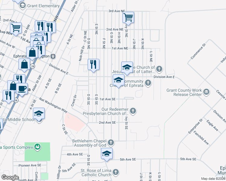 map of restaurants, bars, coffee shops, grocery stores, and more near 38 G Street Southeast in Ephrata