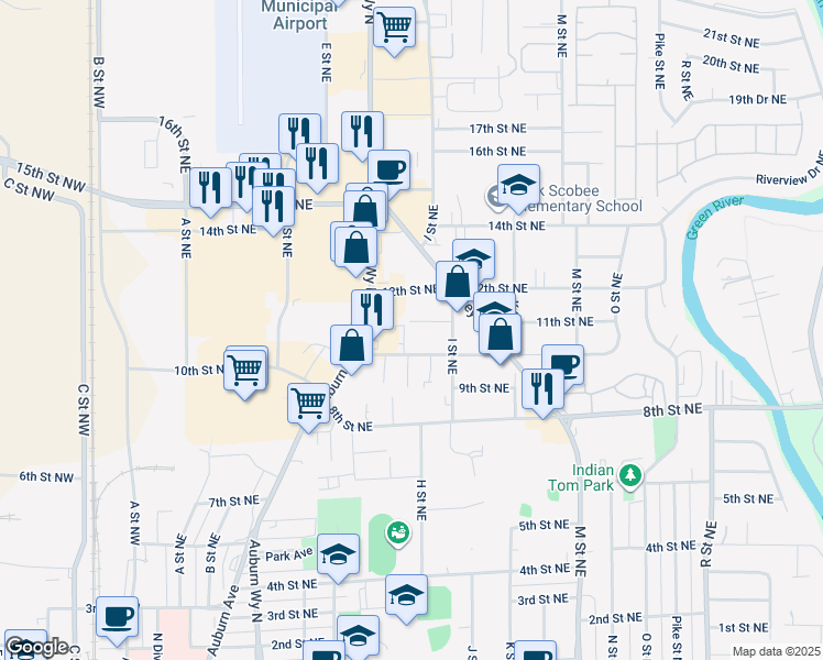 map of restaurants, bars, coffee shops, grocery stores, and more near 804 11th Street Northeast in Auburn