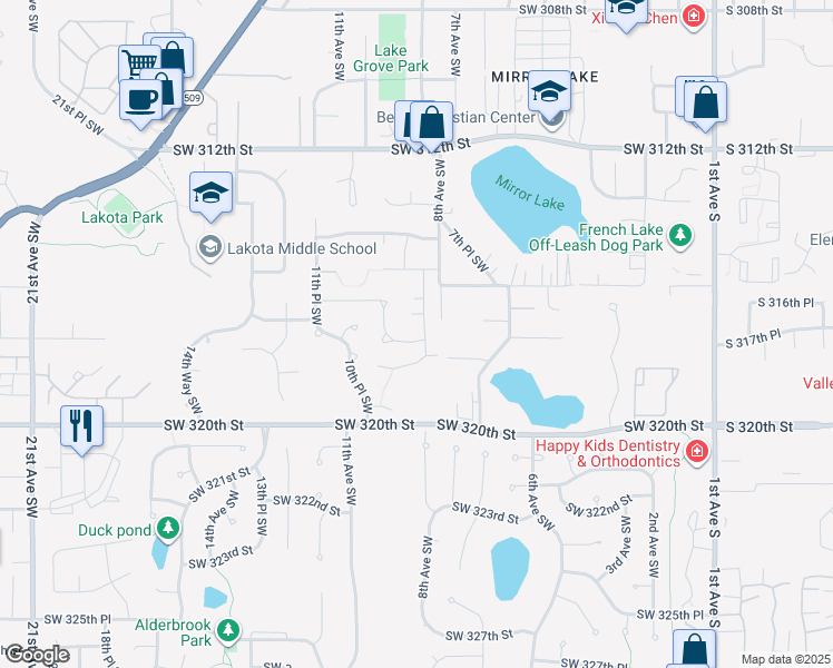 map of restaurants, bars, coffee shops, grocery stores, and more near 816 Southwest 317th Place in Federal Way