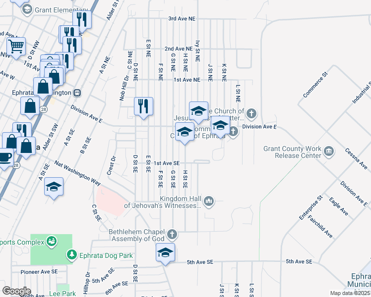 map of restaurants, bars, coffee shops, grocery stores, and more near 60 H Street Southeast in Ephrata