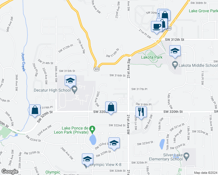 map of restaurants, bars, coffee shops, grocery stores, and more near 2402 Southwest 317th Street in Federal Way