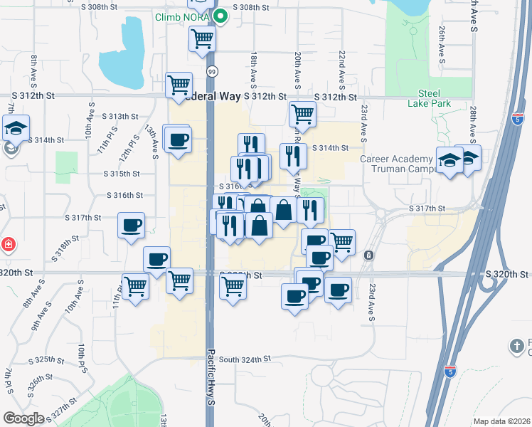 map of restaurants, bars, coffee shops, grocery stores, and more near 31701 Pete von Reichbauer Way South in Federal Way