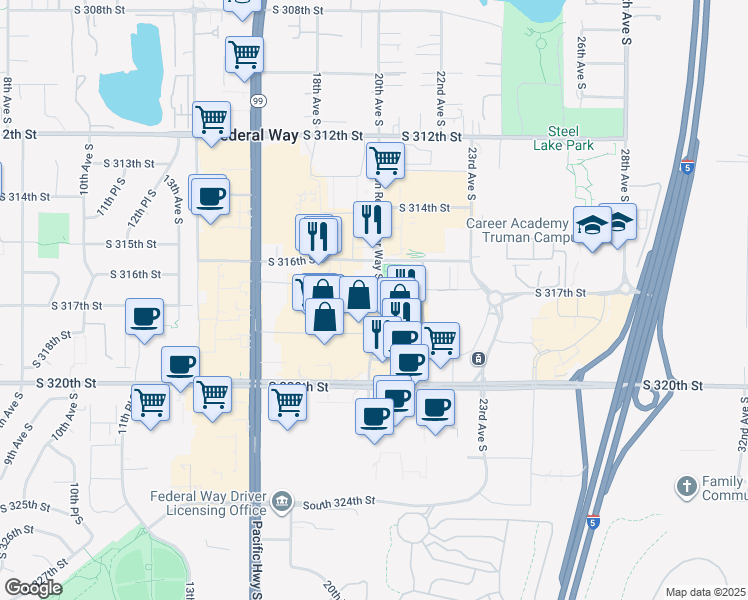 map of restaurants, bars, coffee shops, grocery stores, and more near 31701 Pete von Reichbauer Way South in Federal Way