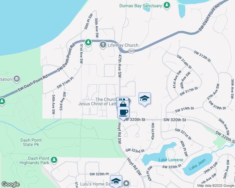 map of restaurants, bars, coffee shops, grocery stores, and more near 4620 Southwest 317th Place in Federal Way