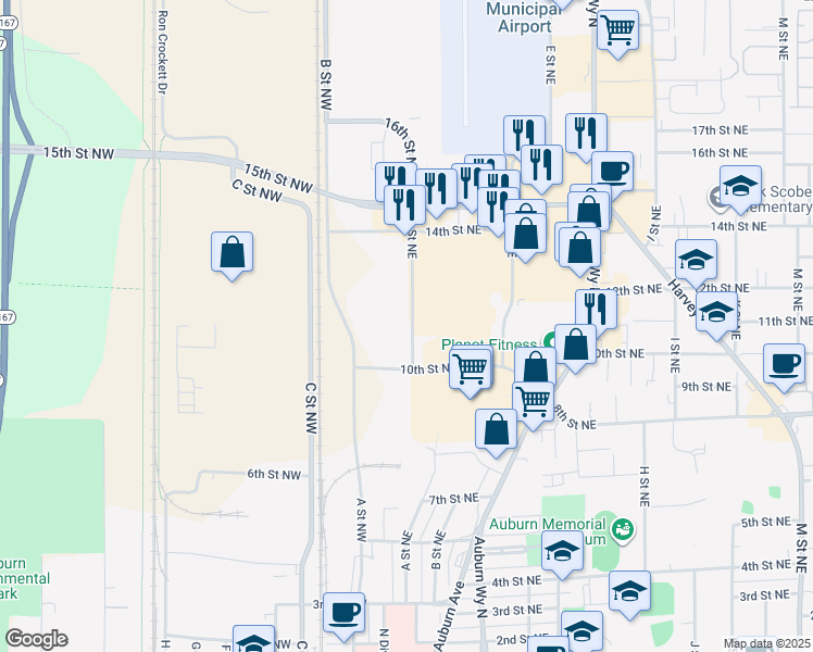 map of restaurants, bars, coffee shops, grocery stores, and more near 1103 A Street Northeast in Auburn