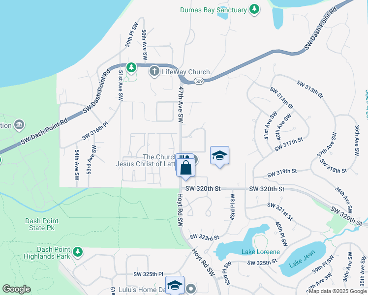 map of restaurants, bars, coffee shops, grocery stores, and more near 4620 Southwest 317th Place in Federal Way
