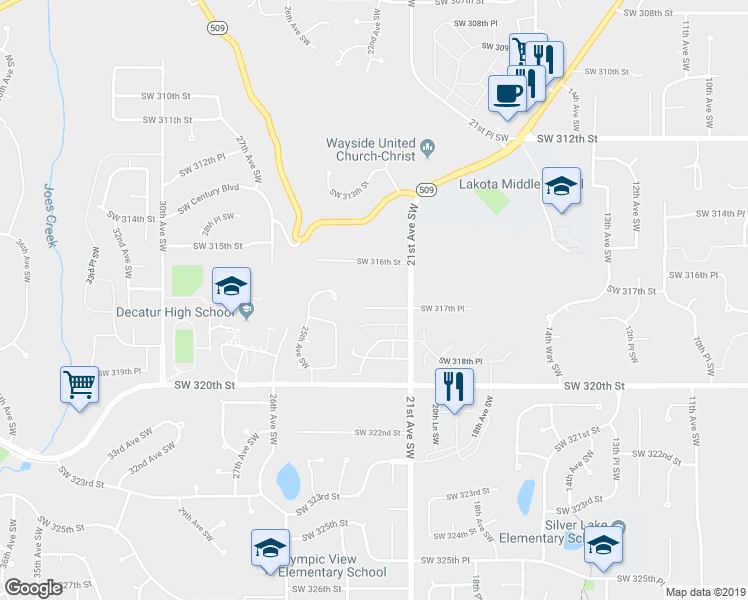map of restaurants, bars, coffee shops, grocery stores, and more near 2134 Southwest 317th Place in Federal Way