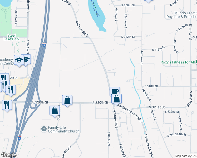 map of restaurants, bars, coffee shops, grocery stores, and more near 31815 Military Road South in Auburn