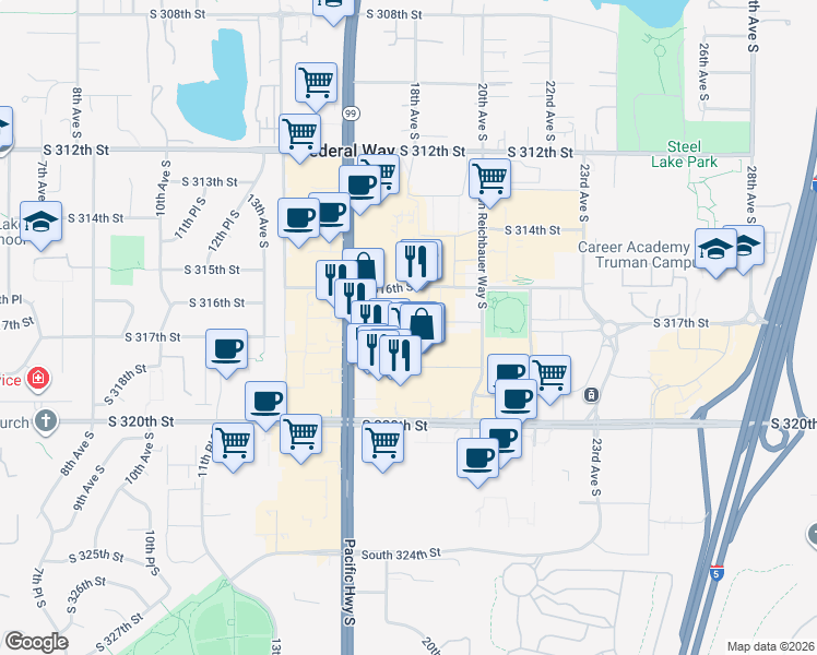 map of restaurants, bars, coffee shops, grocery stores, and more near S 316th Pl in Federal Way