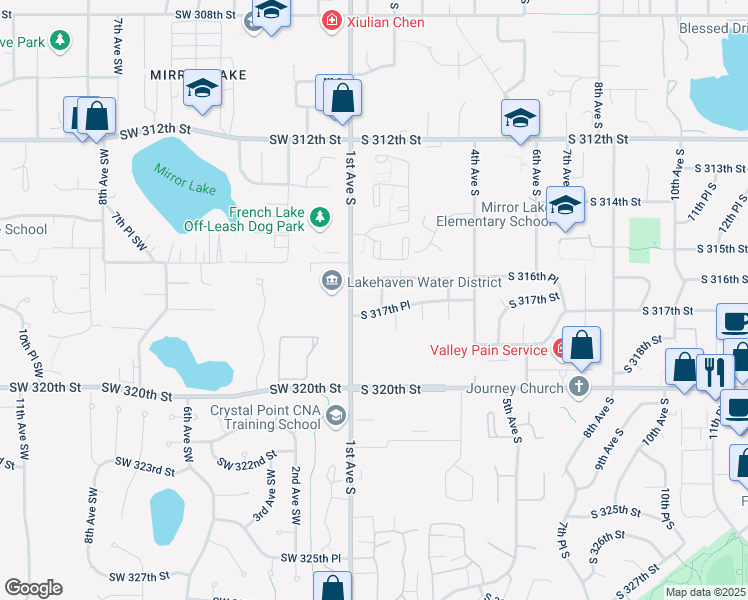 map of restaurants, bars, coffee shops, grocery stores, and more near 110 South 317th Place in Federal Way