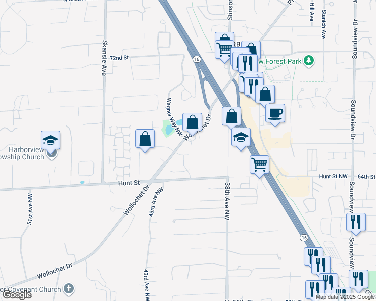 map of restaurants, bars, coffee shops, grocery stores, and more near 4105 66th Street in Gig Harbor