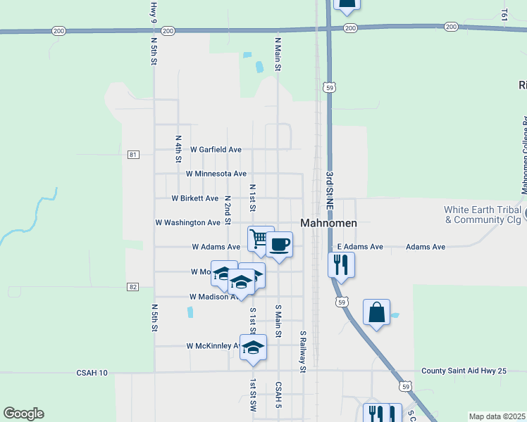map of restaurants, bars, coffee shops, grocery stores, and more near 311 North Main Street in Mahnomen