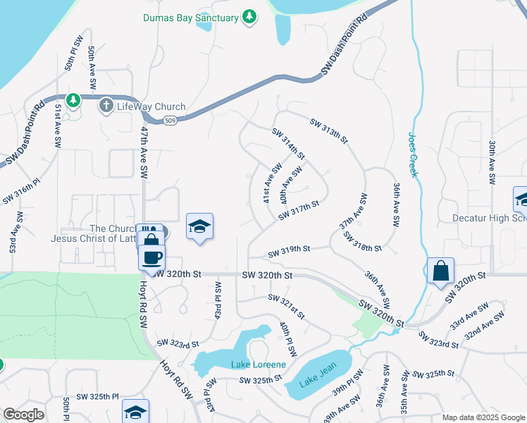 map of restaurants, bars, coffee shops, grocery stores, and more near 4104 Southwest 317th Street in Federal Way