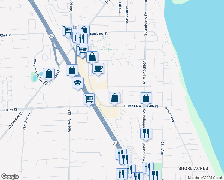 map of restaurants, bars, coffee shops, grocery stores, and more near 6563 Mc Donald Avenue in Gig Harbor