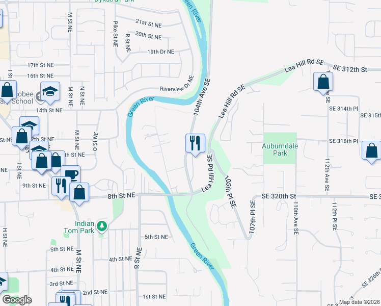 map of restaurants, bars, coffee shops, grocery stores, and more near 31717 104th Avenue Southeast in Auburn