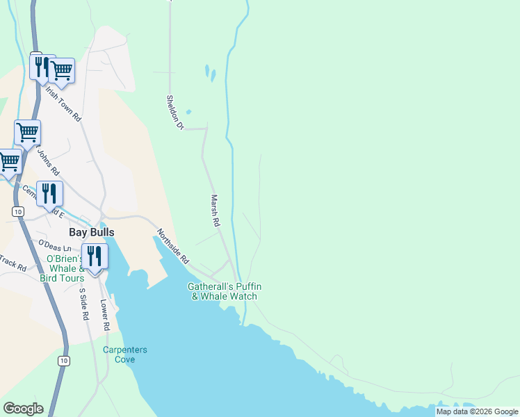 map of restaurants, bars, coffee shops, grocery stores, and more near 54 Alley Road in Bay Bulls