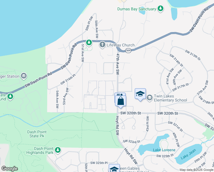 map of restaurants, bars, coffee shops, grocery stores, and more near 31340 48th Lane Southwest in Federal Way
