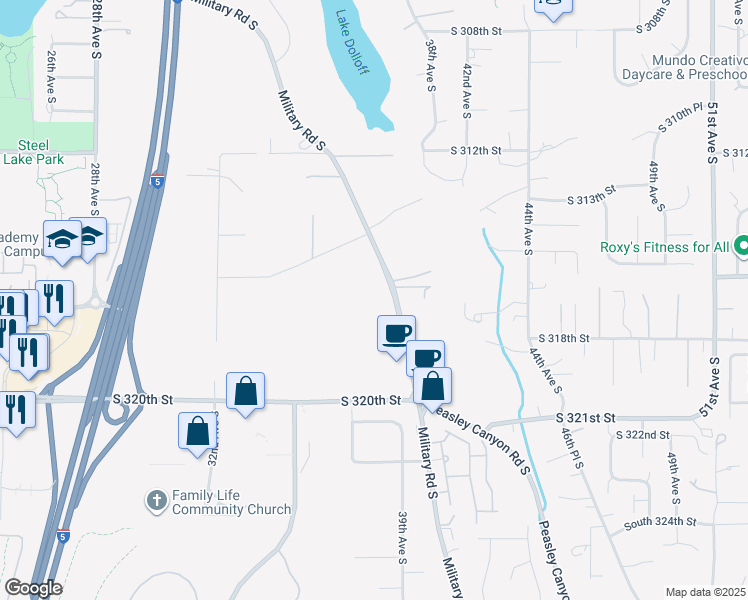 map of restaurants, bars, coffee shops, grocery stores, and more near 31815 Military Road South in Auburn