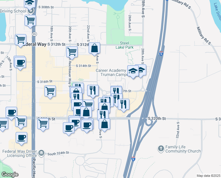 map of restaurants, bars, coffee shops, grocery stores, and more near 31700 23rd Avenue South in Federal Way