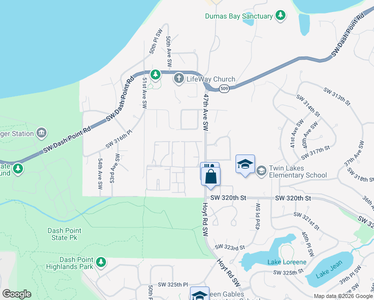 map of restaurants, bars, coffee shops, grocery stores, and more near 31340 48th Lane Southwest in Federal Way