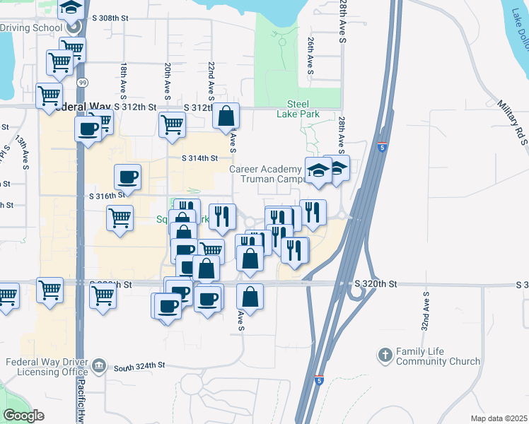 map of restaurants, bars, coffee shops, grocery stores, and more near 31700 23rd Avenue South in Federal Way
